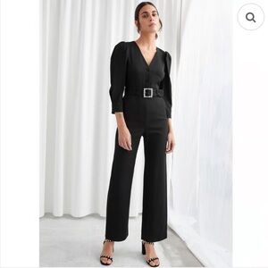 & Other Stories Black V-Neck Puff Sleeve Belted Wide-Leg Jumpsuit